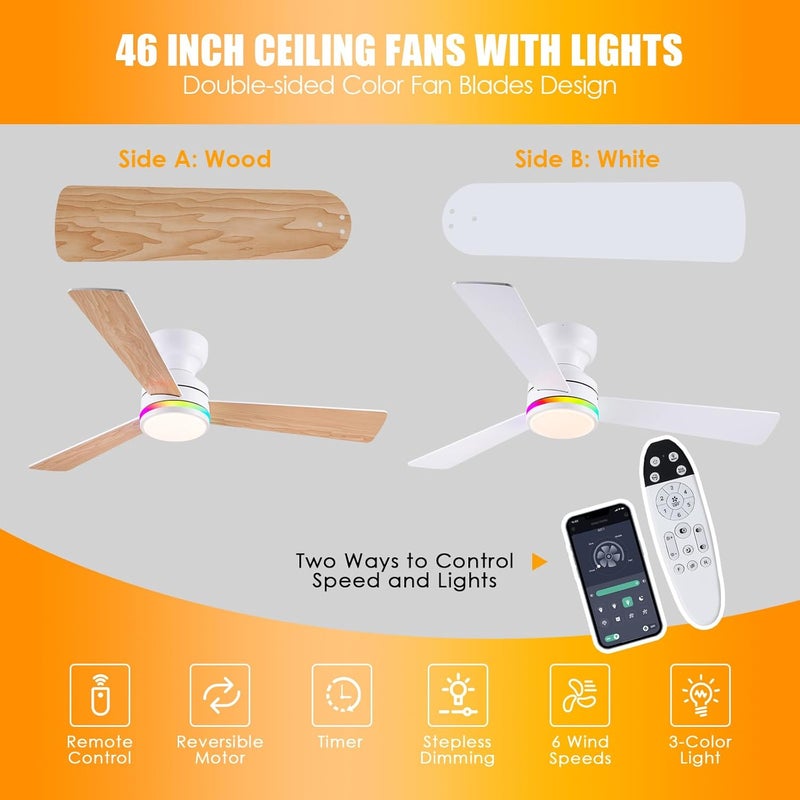 Asyko Ceiling Fans with Lights, 46 Inch Low Profile Ceiling Fan with Light and Remote Control,Reversible, RGB，Dimmable, Quiet, White Ceiling Fan for Bedroom Indoor/Outdoor Use - Image 4